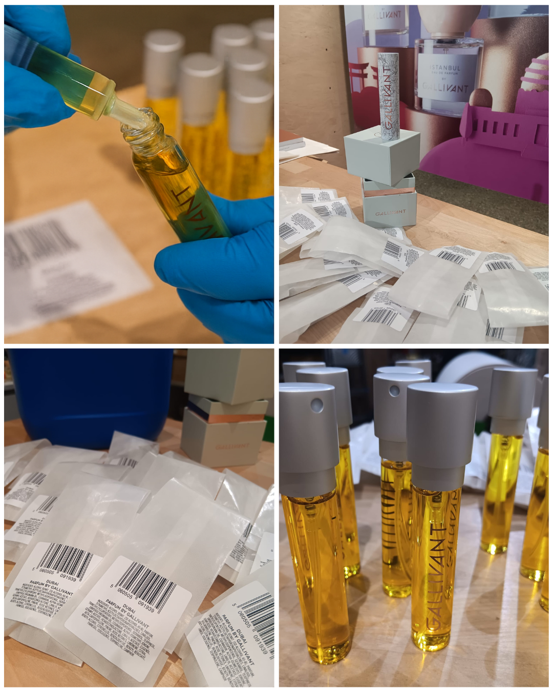 hand filling perfume in our studio