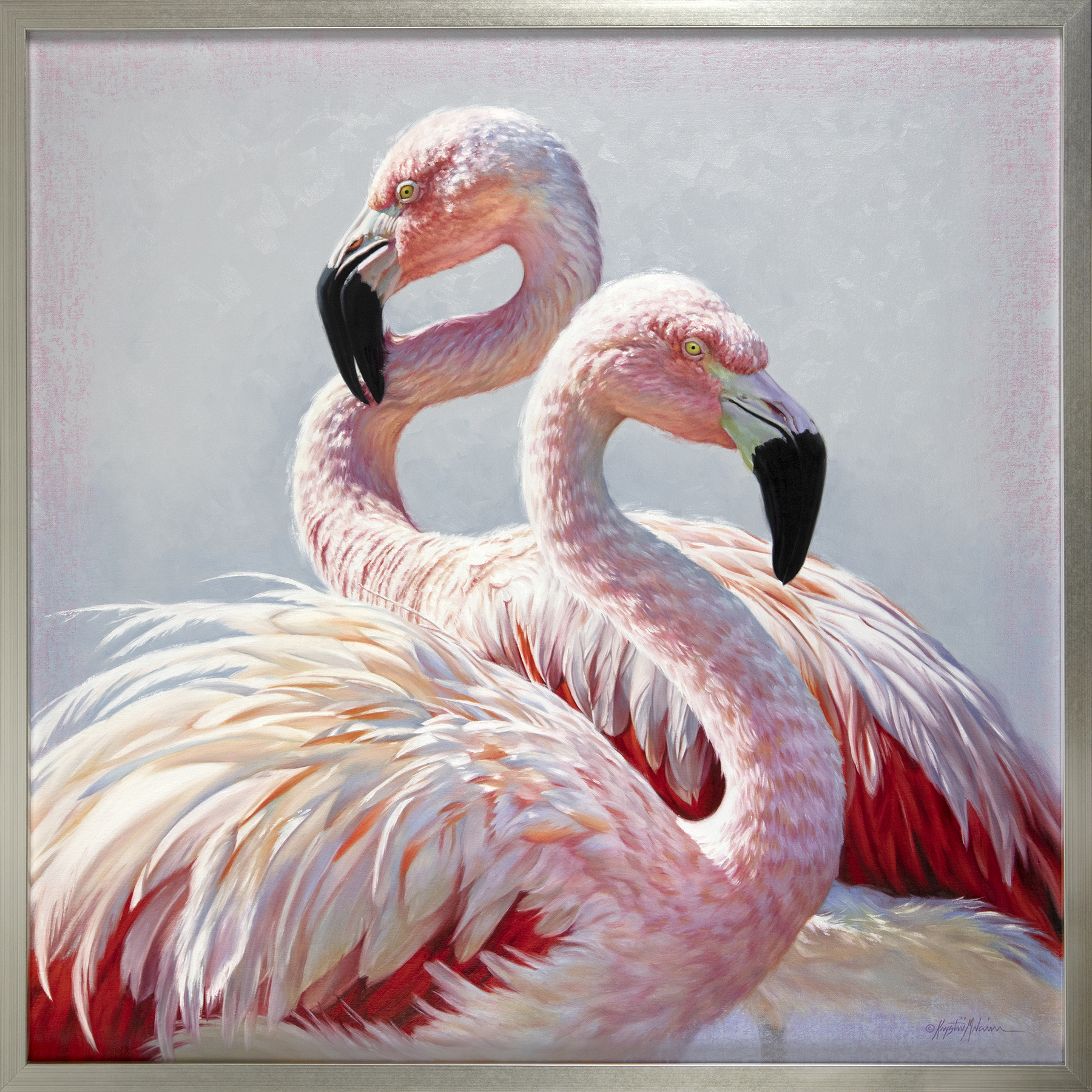 A Meeting of Minds, Flamingos, painting of two flamingos in strong sunlight.