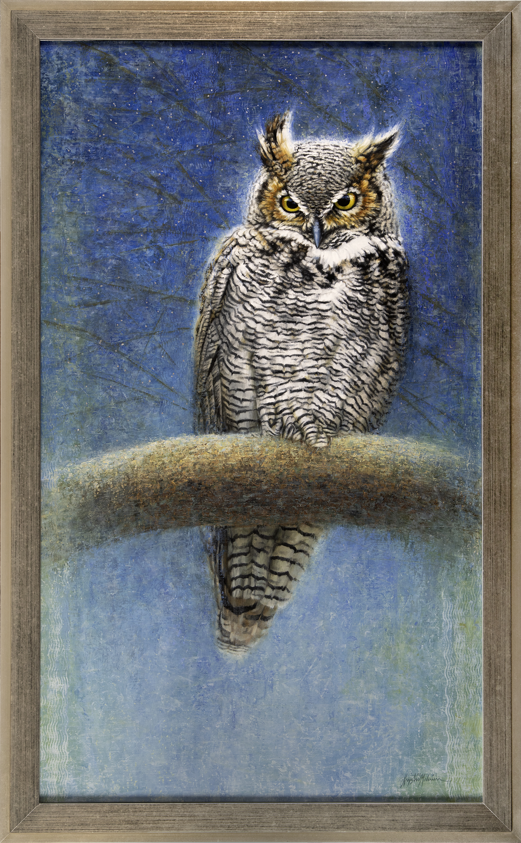 A great horned owl sits on a branch, with silver stars twinkling in the night sky behind him. 