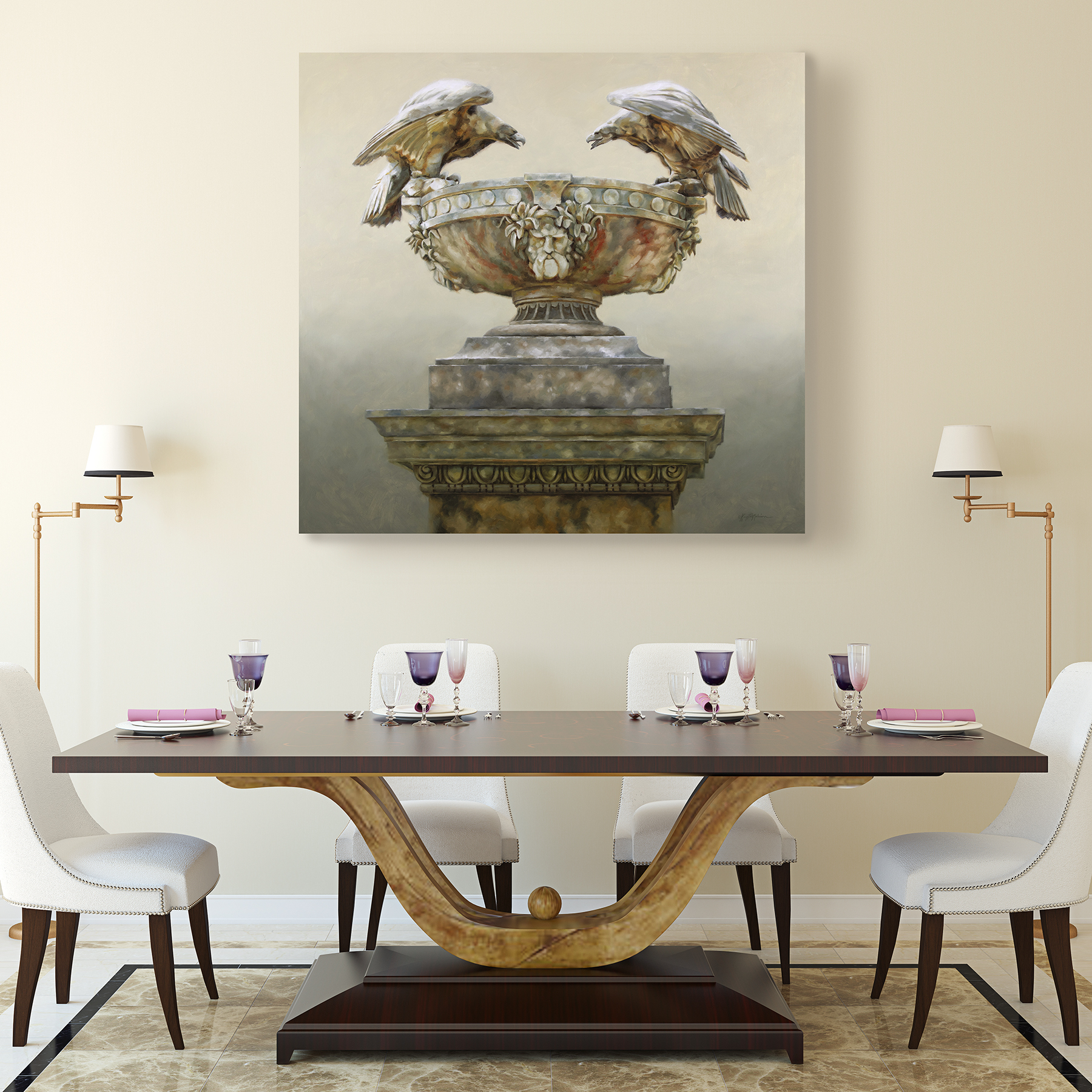 painting of carved stone eagles on an urn