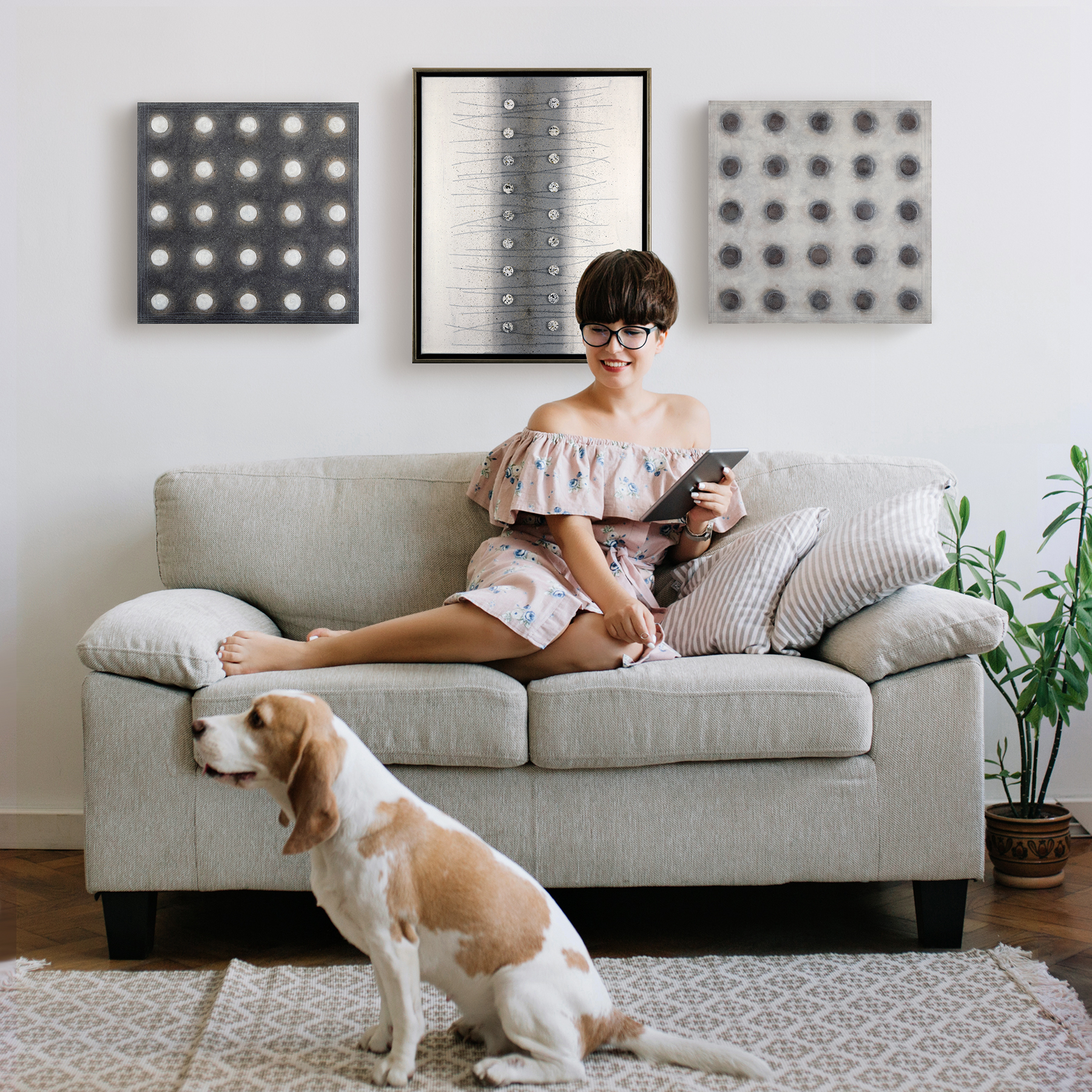 girl with dog and paintings