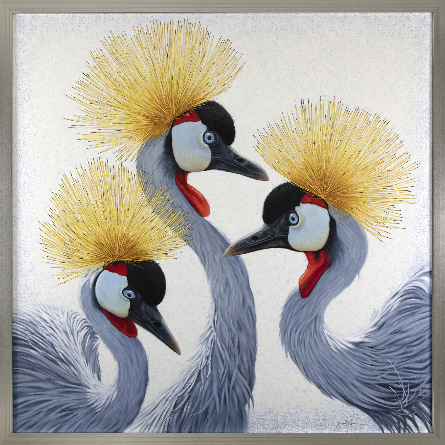 uNohemu - Grey Crowned Cranes, Zulu, a painting of three crane heads at a huge scale on white background.